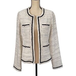 White House Black Market Cream Tweed Jacket with Black Trim